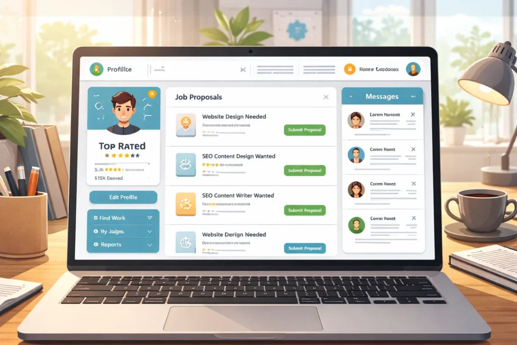 Freelancing on Upwork concept showing freelancer profile and online job platform interface.