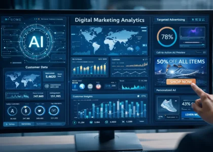 AI-powered digital marketing dashboard showing predictive customer analytics and automated campaign optimization