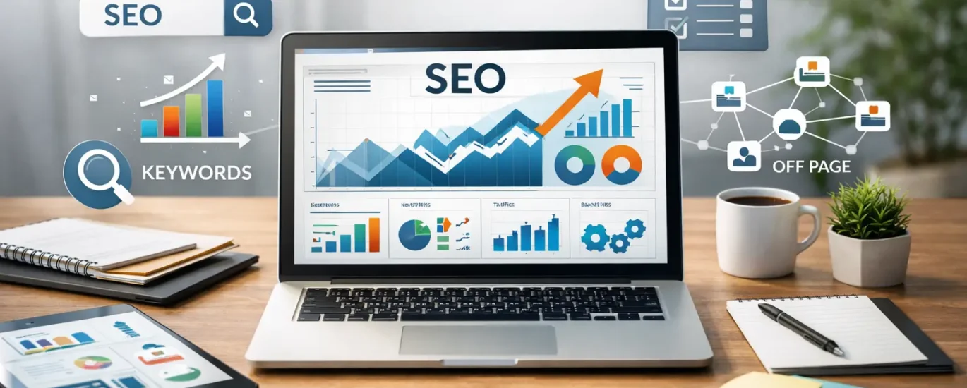 what is seo optimization concept showing SEO analytics dashboard and ranking growth