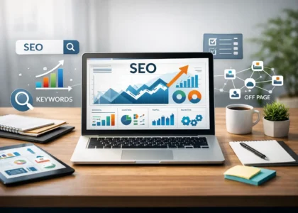what is seo optimization concept showing SEO analytics dashboard and ranking growth