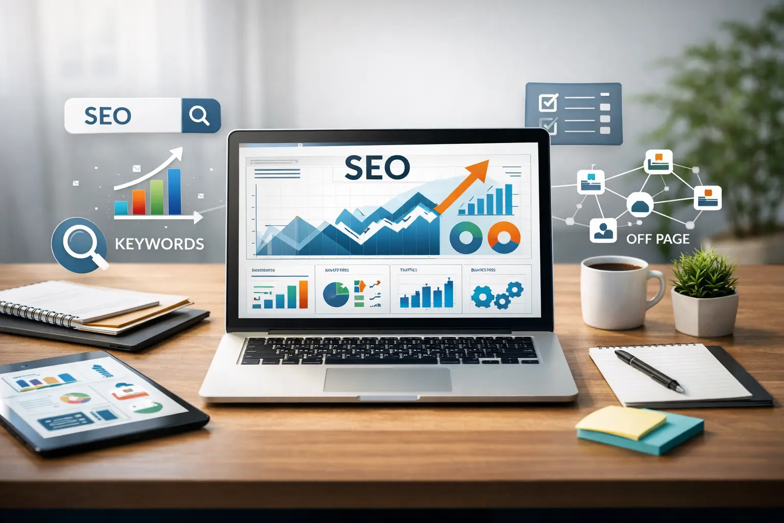 what is seo optimization concept showing SEO analytics dashboard and ranking growth