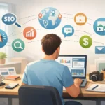Freelancer working remotely from home office illustrating what is freelancing job and online freelance work concept.