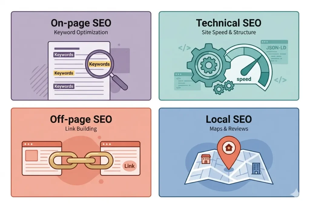  four types of SEO: on-page, technical, off-page, and local SEO with flat icons