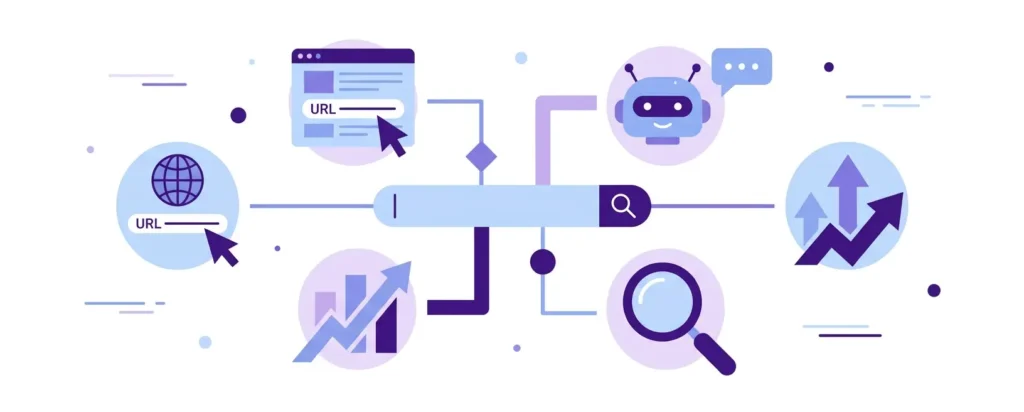 A search bar connected to icons for a website, AI assistant, and ranking arrows — representing SEO and GEO in 2026